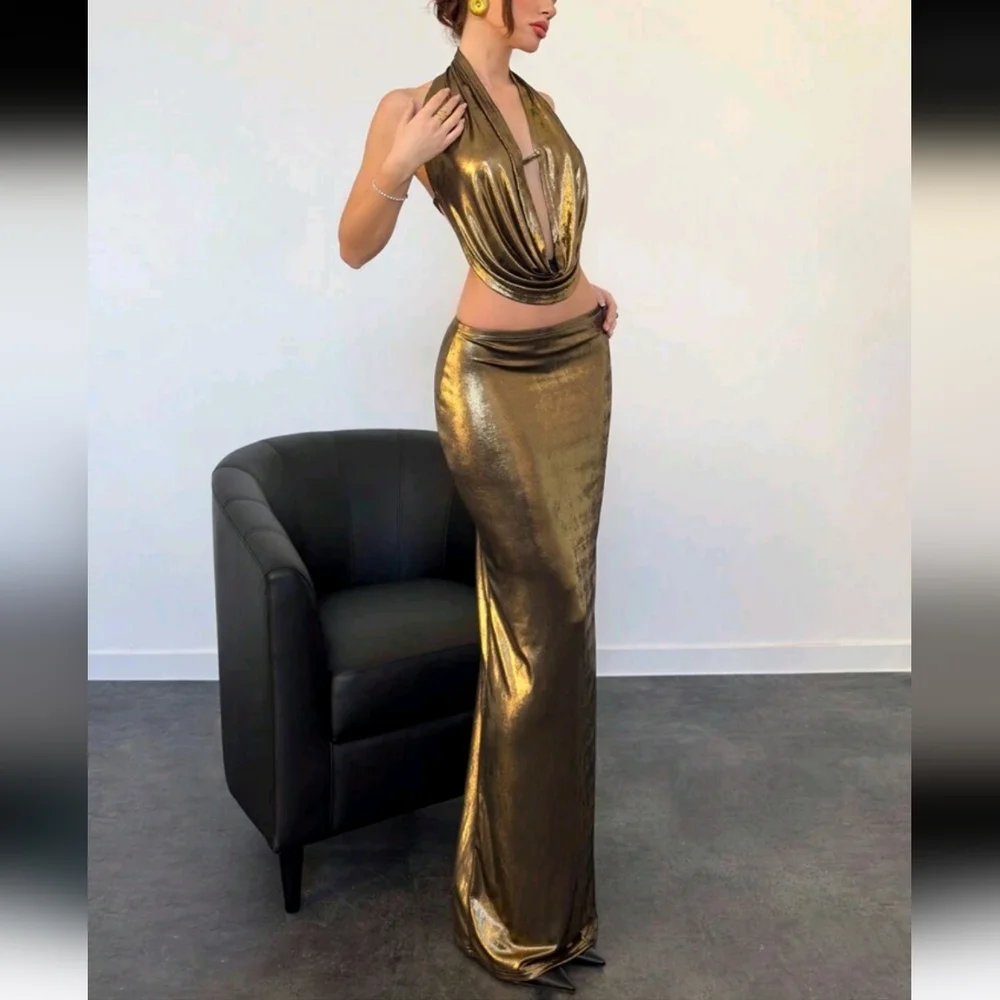 Party Halter Deep Draped Neck Backless Crop Top + Low-Waist H-Line Long Skirt - Picture 2 of 5
